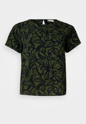 Short-sleeve top in dark green with a black leaf pattern, featuring a round neckline and a keyhole detail at the back. Soft fabric texture.