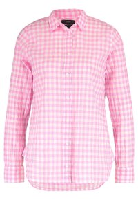 Růžová a bílá kostkovaná košile s dlouhými rukávy a límečkem, která má mírně zakřivený lem.