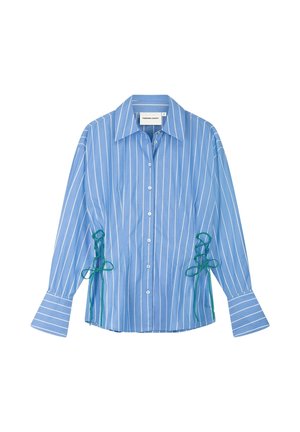 Blue long-sleeve button-up shirt with white vertical stripes, wide cuffs, and green lace-up details on both sides near the waist.