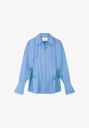 Blue long-sleeve button-up shirt with white vertical stripes, wide cuffs, and green lace-up details on both sides near the waist.