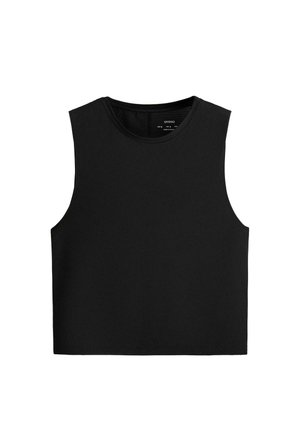Crni kratki top bez rukava s okruglim izrezom, rebrastom teksturom i malom natpisom marke unutar ovratnika.