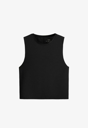 Top scurt negru fără mâneci, cu decolteu rotund, textură nervurată și o etichetă mică a brandului în interiorul gulerului.