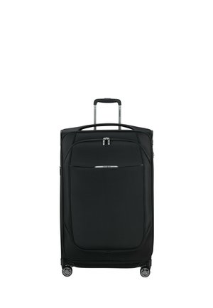 Black suitcase with a hard shell, zippered closure, top handle, and retractable trolley. Features four wheels for mobility and a front pocket.