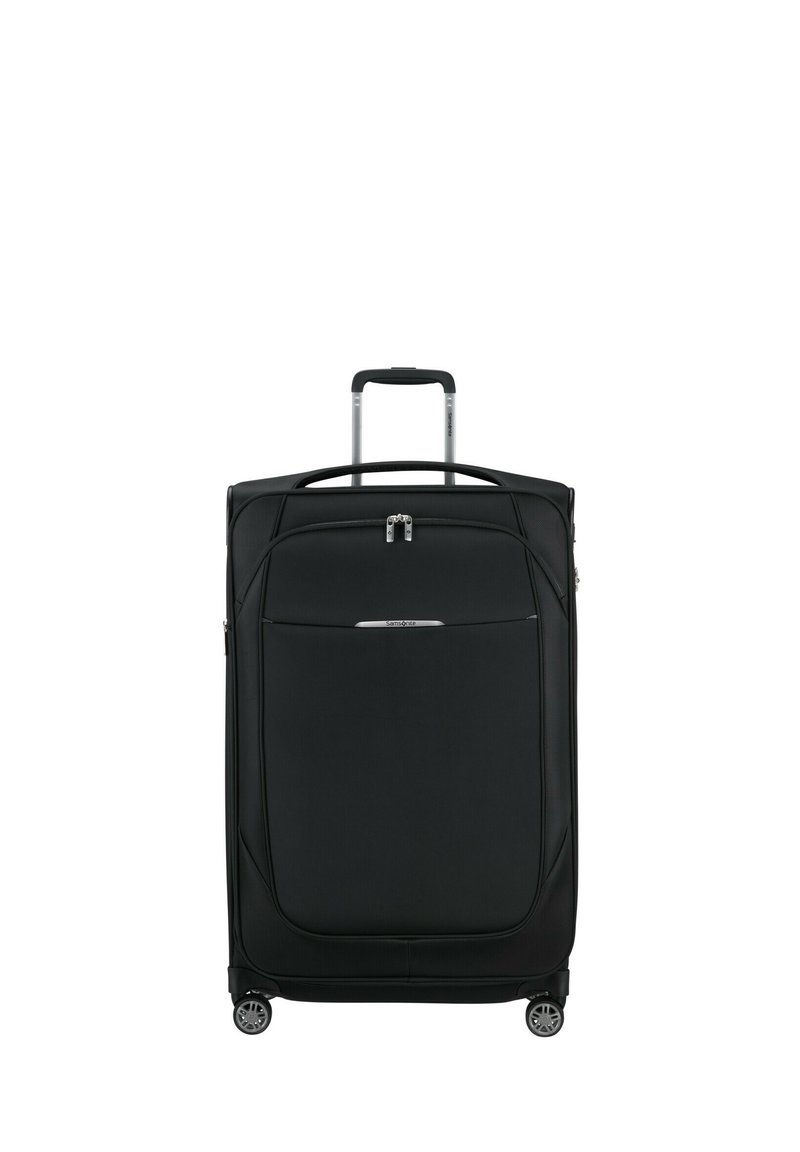 Valise noire avec coque rigide, fermeture éclair, poignée supérieure et trolley rétractable. Comprend quatre roues pour la mobilité et une poche avant.