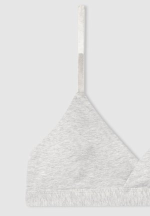 Bralette grigio in cotone con una forma a coppa triangolare, sottili spalline in satin e una texture morbida e liscia. Nessun ulteriore embellimento o motivo.