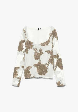 Dlouhý rukáv, lehký top z průsvitné bílé látky s velkou béžovou květinovou výšivkou, s kulatým výstřihem a přiléhavým střihem.