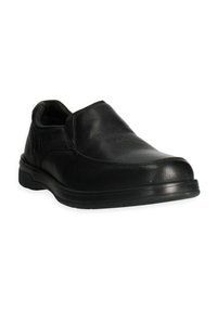 Scarpa nera slip-on realizzata in pelle testurizzata, con punta liscia, soletta ammortizzata e suola in gomma durevole. Nessun lacci visibili.