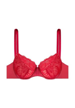 Roter Spitzen-BH mit gepolsterten Cups und gewelltem Rand, ausgestattet mit satinähnlichen Trägern und einem glatten Rücken. Keine zusätzlichen Muster oder Details vorhanden.
