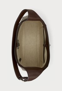 Brown leather bag with a wide opening. Interior features a light beige lining with herringbone pattern and a zippered pocket on one side.