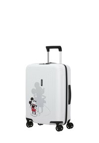 Hard-shell white suitcase with a textured surface, black accents, four wheels, and a graphic of a cartoon character. Adjustable telescopic handle.