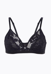 Bralette in pizzo nero con coppe triangolari morbide, motivo floreale in pizzo, bordi scallop e spalline regolabili; presenta un piccolo accento a forma di cuore in metallo.