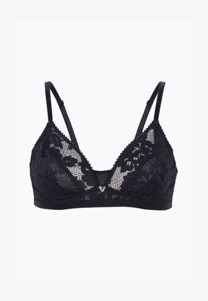 Bralette in pizzo nero con coppe triangolari morbide, motivo floreale in pizzo, bordi scallop e spalline regolabili; presenta un piccolo accento a forma di cuore in metallo.