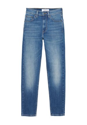 Modre ozke jeans hlače z bledim sprednjim delom, petimi žepi, zankami za pas in zapiranjem na gumb na belem ozadju.