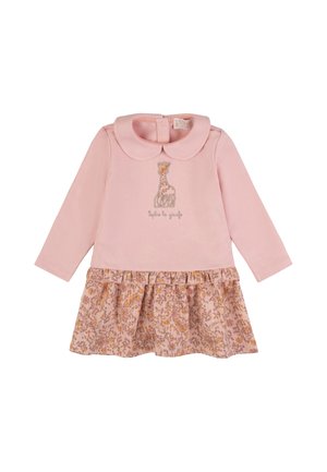 Pink long-sleeve baby dress with a peter pan collar, giraffe embroidery on the chest, and a floral patterned skirt section.