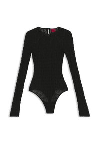 Czarny body z długim rękawem, wykonane z prążkowanej koronki, z okrągłym dekoltem i zatrzaskiem na dole. Tył zapinany na zamek.