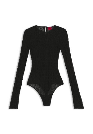 Czarny body z długim rękawem, wykonane z prążkowanej koronki, z okrągłym dekoltem i zatrzaskiem na dole. Tył zapinany na zamek.