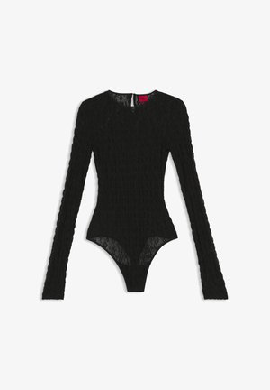 Schwarzer langärmeliger Bodysuit mit geripptem Spitzenmuster, Rundhalsausschnitt und Druckknopfverschluss unten. Am Rücken befindet sich ein Reißverschluss.