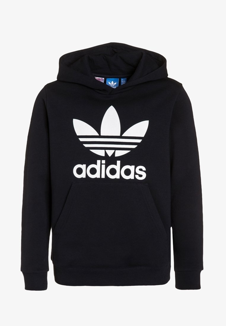 Felpa nera con cappuccio realizzata in tessuto morbido, con un grande logo bianco Adidas e una tasca a marsupio frontale. Polsini e orlo a coste.