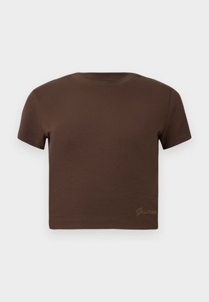 Maglietta cropped marrone in morbido cotone, con maniche corte e scollatura rotonda. Include il logo "Guess" in oro in modo discreto nella parte inferiore.