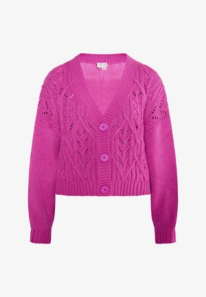 Cardigan rosa a maglia con scollatura a V profonda, caratterizzato da un motivo testurizzato, polsini a coste e quattro grandi bottoni viola sul davanti.