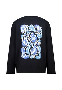 Black long-sleeve shirt with abstract blue and white graphic shapes and lines centered on the back.