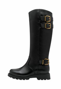 Black knee-high boots made of smooth leather, featuring two gold buckles on the sides and a rugged sole for traction.