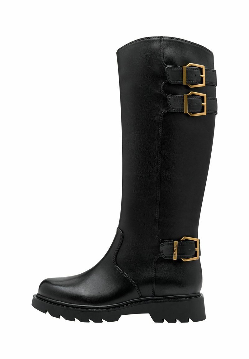 Black knee-high boots made of smooth leather, featuring two gold buckles on the sides and a rugged sole for traction.