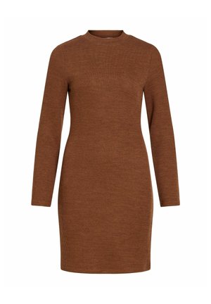 Vestido marrón de manga larga con textura acanalada, escote redondo, silueta ajustada y textura suave, que llega hasta la mitad del muslo.