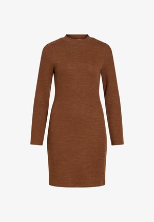 Brown long-sleeve ribbed dress with a round neckline, fitted silhouette, and soft texture, reaching mid-thigh.