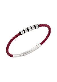 Pulsera de cuero trenzado burdeos con tres acentos cilíndricos de plata y negro y un cierre de plata liso.