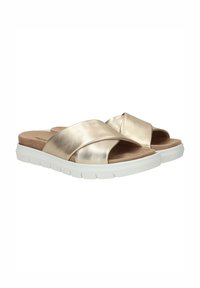 Metallieke gouden slide-sandalen met kruisbanden, kurken voetbed en witte rubberen zool. Gladde textuur met een minimalistisch ontwerp.