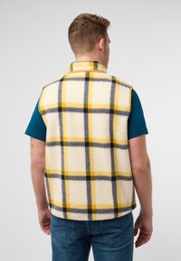 Gilet in pile con motivo a quadri giallo, nero e blu su sfondo crema. Presenta un colletto alto e senza maniche, abbinato a una maglietta blu.
