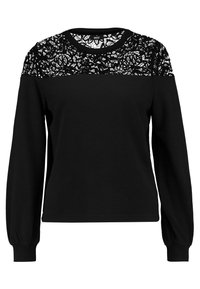 Sudadera negra con mangas largas y un yugo con patrón de encaje. La tela es suave y el escote es redondo. Los puños son de canalé.