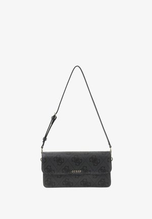 Sac d'épaule Guess noir avec sangle ajustable et logo à motifs imprimé sur une surface texturée.