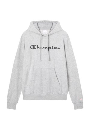 Sweat-shirt gris en mélange de coton, avec capuche, poche kangourou à l'avant, et grand logo noir "Champion" sur la poitrine.