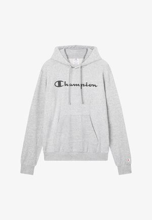 Felpa grigia in misto cotone, con cappuccio, tasca frontale a marsupio e un grande logo nero "Champion" sul petto.