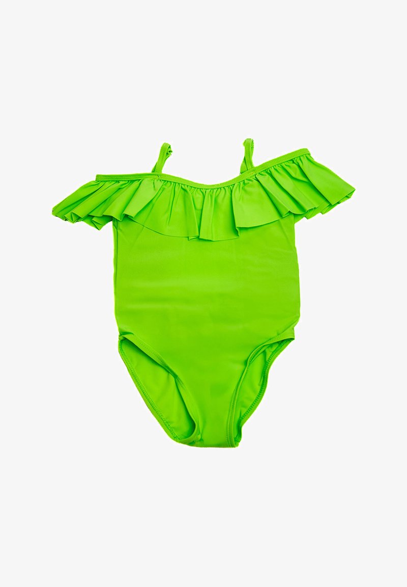 Zielony jednoczęściowy strój kąpielowy z fasonem odsłaniającym ramiona i falbanami. Wykonany z gładkiego, elastycznego materiału, z prostą, smukłą sylwetką.