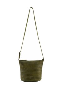 Sac à bandoulière vert olive avec un design rayé texturé, fermeture supérieure zippée et une bandoulière réglable pour des options de transport polyvalentes.