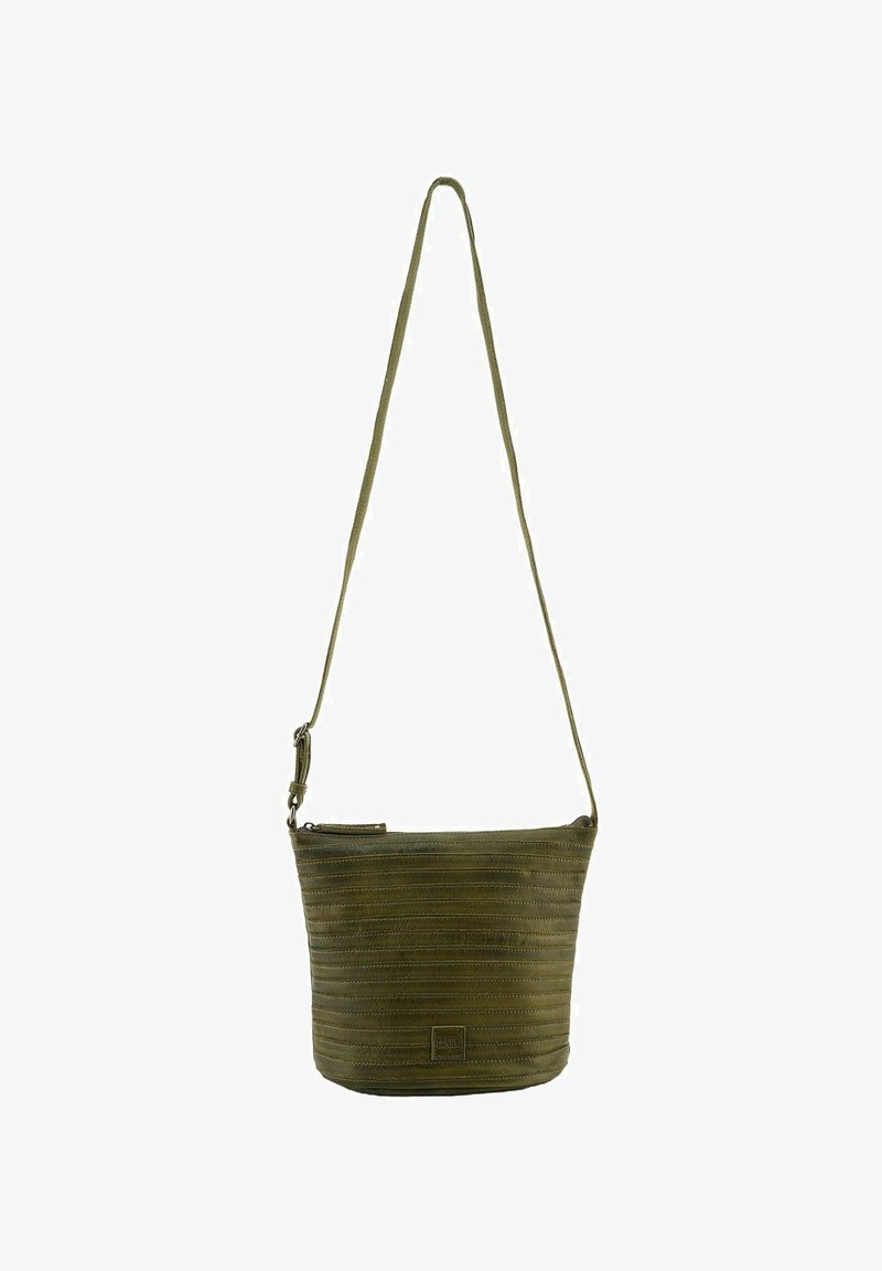 Sac à bandoulière vert olive avec un design rayé texturé, fermeture supérieure zippée et une bandoulière réglable pour des options de transport polyvalentes.