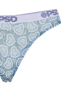 Blaue Unterwäsche mit floralem Muster und einem hellblauen Bund mit "PSD"-Logo. Hergestellt aus weichem Stoff mit leicht strukturierter Oberfläche.