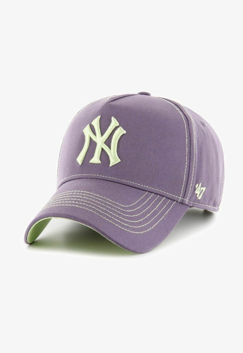 Purple baseball cap with a white embroidered "NY" logo, white stitching, and a green underside of the brim. Adjustable strap at the back.