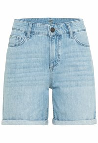 Lichtblauwe denim shorts met een omgeslagen rand, vijf-pocket ontwerp, knoopsluiting aan de voorkant, en subtiele vervagingselementen. Gemaakt van een katoenmix.