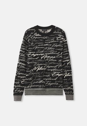 Pull noir avec un motif texturé de script manuscrit blanc. Manches et taille côtelées, col rond, tissu de poids moyen.
