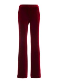 Rode fluwelen broek met elastische tailleband en rechte pijpen, weergegeven op een witte achtergrond.