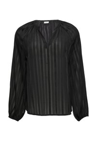 Blouse noire avec de longues manches bouffantes et un décolleté en V profond. Fabriquée en tissu transparent rayé avec une texture douce et une coupe décontractée.