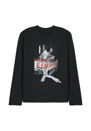 Black long-sleeve shirt with vintage Elvis Presley graphic, showing him performing in white jumpsuit, Las Vegas sign, and text "Las Vegas 1970."
