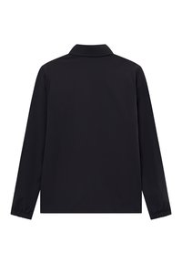 Black long-sleeve shirt with a collar, featuring elastic cuffs. Smooth texture, simple design, and no visible patterns or accents.