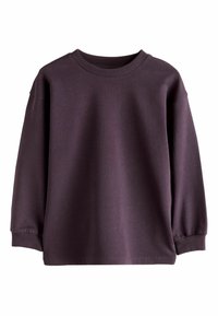 Lila Langarm-Sweatshirt mit Rundhalsausschnitt. Hergestellt aus weichem Stoff, hat gerippte Bündchen und eine lockere Passform. Keine Muster oder zusätzlichen Details.