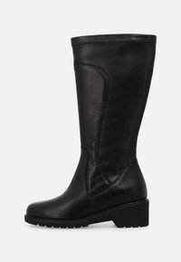 Stivali al ginocchio in pelle nera con finitura liscia, design angolare, pannelli laterali elasticizzati e tacco spesso e strutturato.