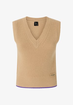 Bež prsluk bez rukava od pletenine s V-izrezom, rebrastom teksturom i kontrastnim ljubičastim rubom. Ima brendiranu oznaku na donjoj strani.